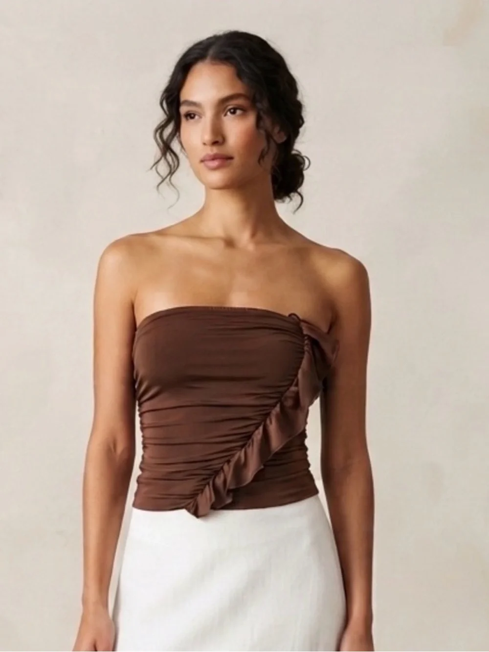 Gaze Brown Ruffle Strapless Top